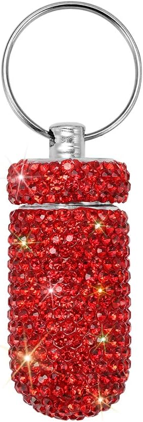 Portable Pill Case Pill Container Waterproof Pill Holder with Keychain Bling Pill Box Medicine Dispenser Bottle Storage for Outdoor Camping Travel (Red)
