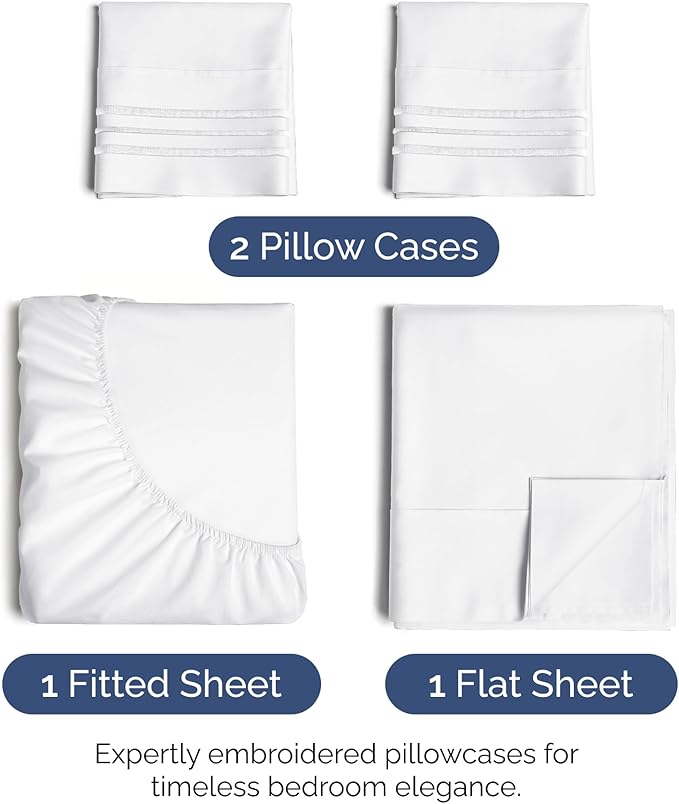 Cal King Size 4 Piece Sheet Set - Extra Soft, Breathable And Cooling Sheets - Hotel Luxury Bed Sheets for Women & Men - Deep Pockets, Easy-Fit & Wrinkle-Free Sheets - Bright White Oeko-Tex Bed Sheets