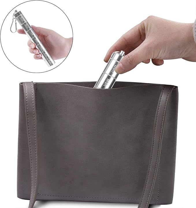 Weekly Pill Fob, Aluminum Alloy Waterproof Pill Cases Box Dispenser Travel Pill Box 7 Days Printed Pill Holer Container Medicine Organizer with Key Chian & Buckle for Travel Camping Rely2016 (1)