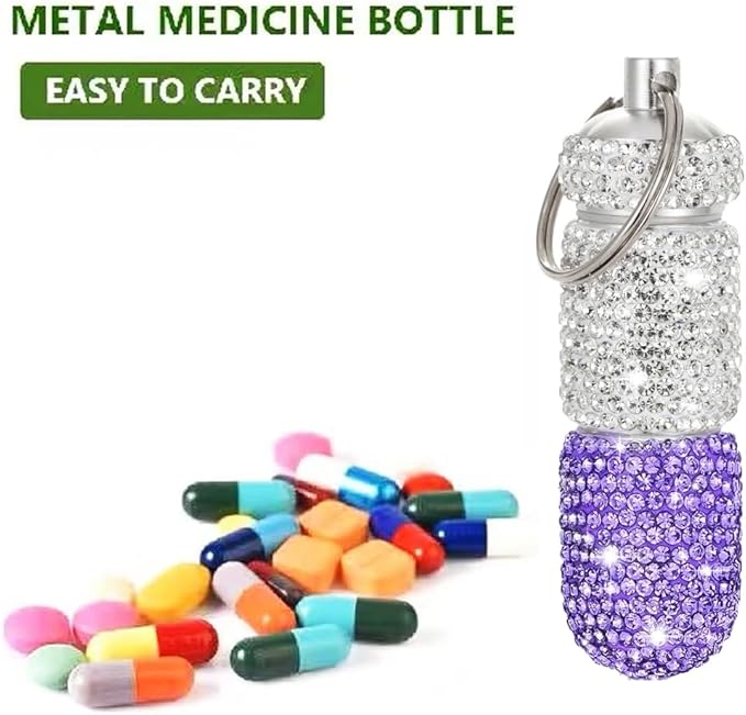 Bling Pill Case Portable Travel Pill Container Bottle Rhinestone Waterproof Small Pill Holder with Keychain Cute Mini Pill Storage Box (white purple)