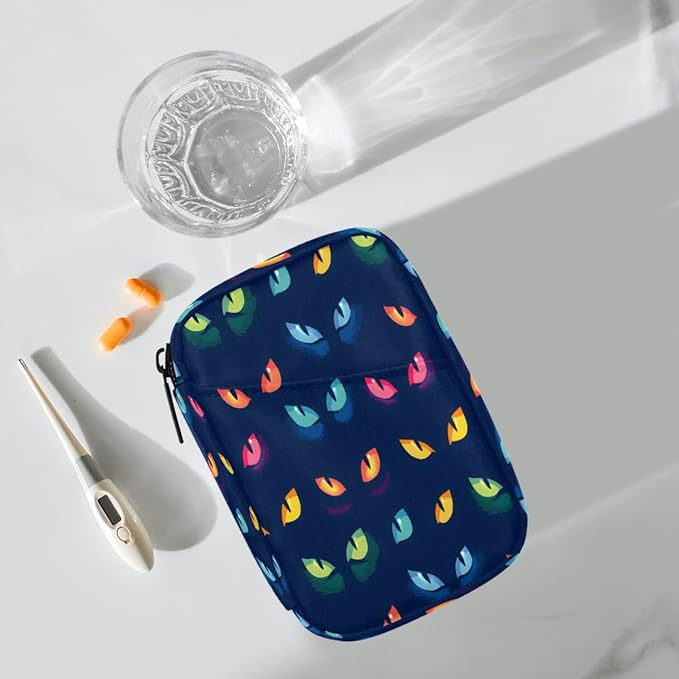 Blue Animal Eyes Pill Case Everyday Travel, 7 Day Weekly Medicine Pill Box Compact Portable Pills Bottle Organizer with Zipper for Daily Vitamin Medicine Holder Bottle Organizers Bag