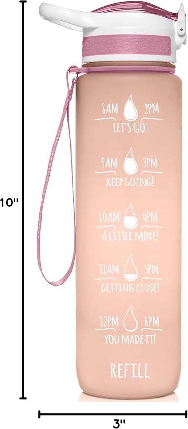 NatureWorks HydroMATE 32 oz Water Bottle with Time Markings Hourly BPA Free Reusable Leak Proof with Straw and Carrying Strap 1 Liter