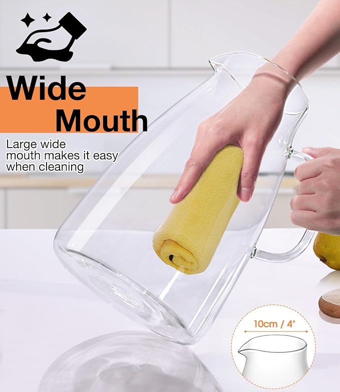 Glass Pitcher with Lid, 1 Gallon 128oz Water Pitcher with Handle and Spout for Fridge, Borosilicate Glass for Iced Tea, Juice, Sangria, Cold/Hot Beverage, Large Jug with Extra Wide Mouth