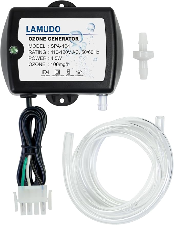 Ozone Generator for Hot Tub and Cold Plunge, SPA-124 Ozonator for Swim Spas, Mini Portable Ozone Machine with Check Valve and Tubes, Replace HCD-55(AMP-4 Plug)