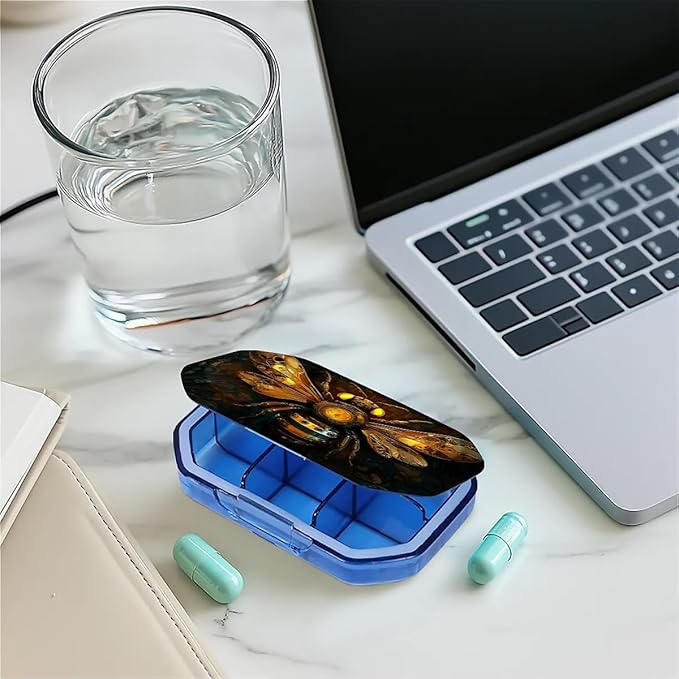 This Portable Mechanical Bee Pattern 6 Compartment Pill Box Can Be Placed in A Pocket Or Wallet to Store Vitamins, Medicines Health Supplements Other Medications.