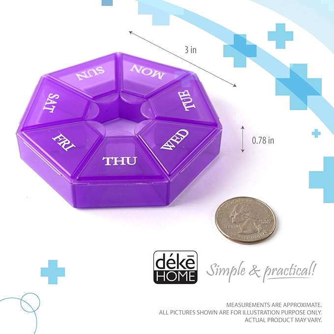 Deke Home - Small Weekly Pill Organizer, Round Pill Dispenser for Travel, Mini Pill Organizer, Compact Medicine Holder, Pill Sorters 7 Days, Portable Vitamin Container, BPA Free (Food Grade)