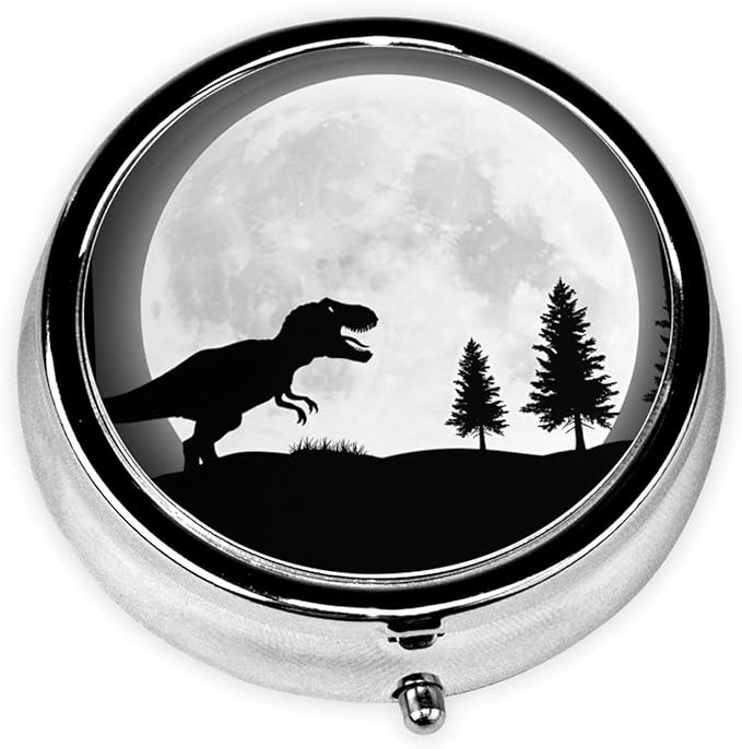 Metal Pill Organizer - 3-Compartment Mini Round Pill Case for Pocket & Purse, Portable Vitamin Holder, Easy-Open Design for Travel - Dinosaur Silhouettes
