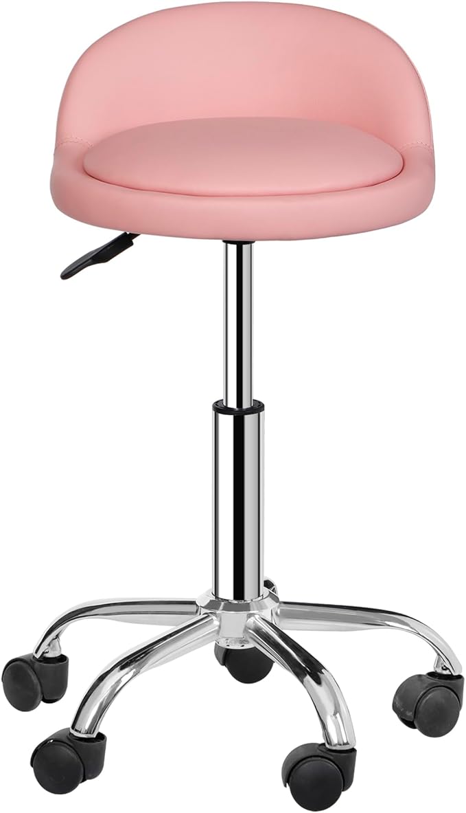 HomGarden Adjustable Hydraulic Rolling Swivel Stool for Massage Salon Office Facial Spa Medical Tattoo Chair Stool w/Backrest Cushion & Wheels (Pink)
