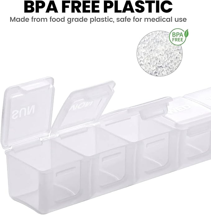 Sukuos Extra Large Weekly Pill Organizer, 7 Day Daily Pill Box Case Arthritis Friendly, Silkscreen Printed Medicine Container with Clear Lid for Vitamins, Fish Oils or Supplements (White)