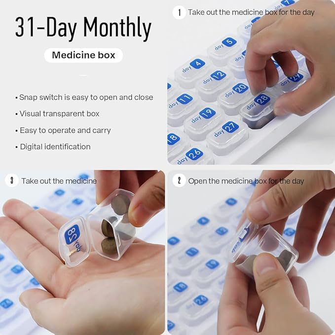 Monthly Pill Organizer, Large Travel Pill Box 31 Day, Daily Pill Case, Pill Holder Container for Vitamin, Medicine, Supplement, Fish Oil, Clear