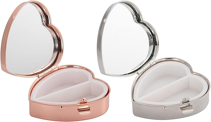 Heart-Shaped Mini Drug Storage Box (2 Pack), Elegant and Stylish Everyday Portable Pill Case (Silver & Rose Gold)