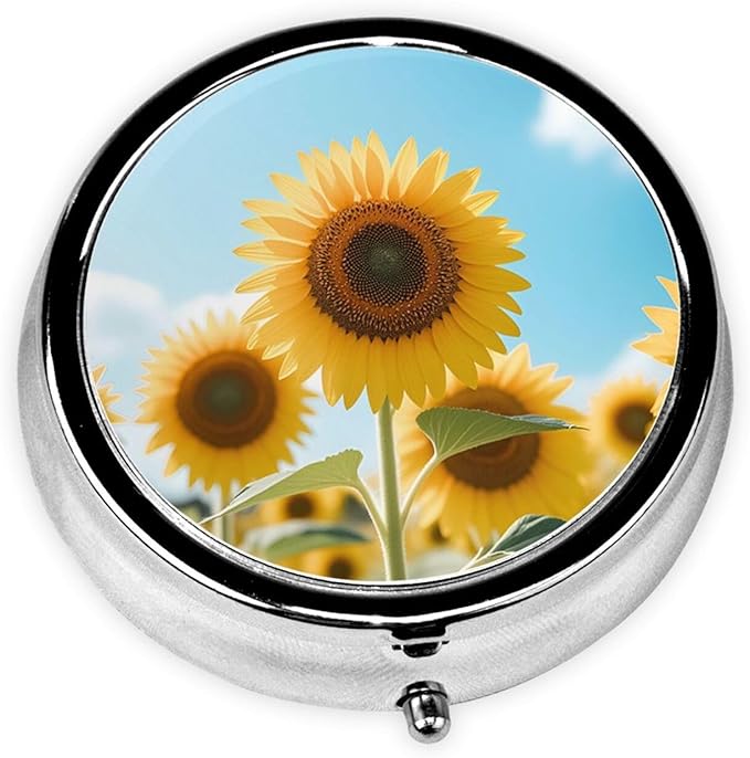 Metal Pill Organizer - 3-Compartment Mini Round Pill Case for Pocket & Purse, Portable Vitamin Holder, Easy-Open Design for Travel - Bright Sunflowers