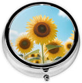 Metal Pill Organizer - 3-Compartment Mini Round Pill Case for Pocket & Purse, Portable Vitamin Holder, Easy-Open Design for Travel - Bright Sunflowers