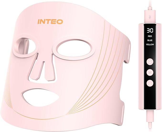 INTEO Red Light Therapy for Face, 3 Modes Portable Led Face Mask Light Therapy with Remote, Infrared Light Mask with Timing Function, Led Light Therapy At Home, Pink