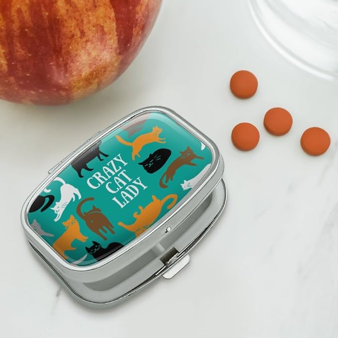 Crazy Cat Lady Teal Orange Black Brown Rectangle Pill Case Trinket Gift Box