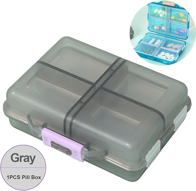 Weekly Travel Pill Organizer Box, 8 Compartments Small Fold Medicine Case Holder, Daily AM PM Morning Night Pocket Travel Capsule Dispenser for Vitamin, Fish Oil, Supplement, Tablet, Grey