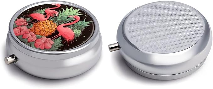 Pineapple Flamingos Pill Box Travel Pill Case for Purse Pocket Weekly Medicine Organizer with Mirror 3 Compartment Round Medicine Case Portable PillcaseHolder for Daily