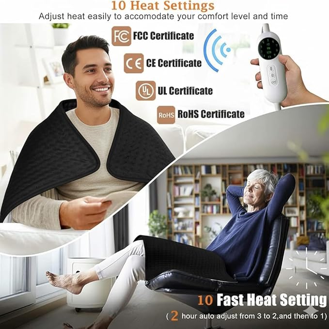 Extra Large Heating Pad for Back Pain Relief and Period Cramps,20x40 King Size, with 10 Temp Settings & 3 Timer Options, Full Body Heating Pad for Shoulder and Legs, Machine Washable(Black)
