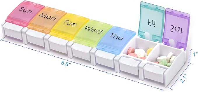 2 Pack Weekly Pill Organizer Vitamin Holder, DOSMAMZ 7 Day Travel Pill Box with Large Compartments, Push Button Design Medication Dispenser Case (Rainbow)