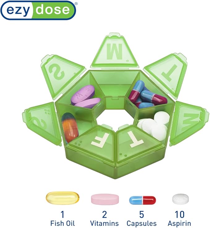 Ezy Dose Weekly Pill Organizers, 7-Sided, Purple (67009PAMT) and Green (67009GAMT)