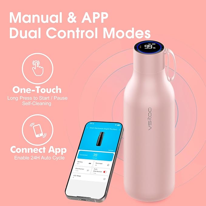 VSITOO 33oz Smart Self-Cleaning Water Bottle，Large Insulated Stainless Steel Bottle with AI Self-Clean, 30-Day Battery & Magnetic Charging for Outdoor Travel, Gym or Office, Pink