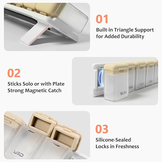 Fridge Magnetic Weekly Pill Organizer, Easy Open Daily Reminder Waterproof Pill Box for Vitamins, Travel & Daily Use (Brown)