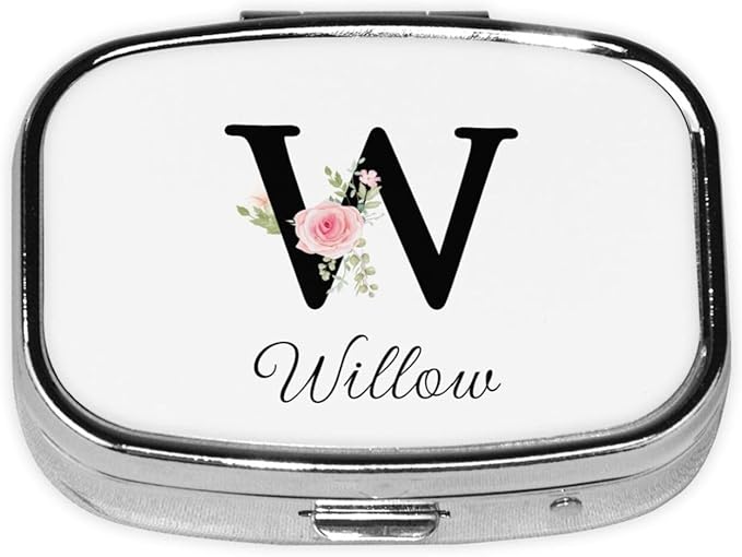 Custom Pill Box Personalized Square Small Pill Case with Mirror Add Your Photo Text Logo Name Decorative 2 Compartment Portable Metal Medicine Container Vitamin Organizer for Pocket Purse Travel (W)