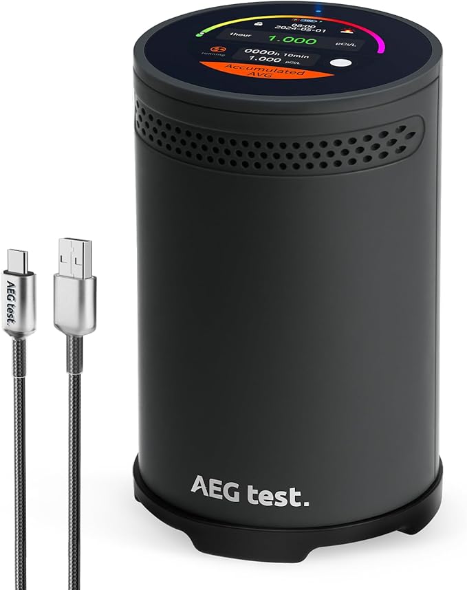 HOUND-3699 Radon Detector, 10-Minute Measurement Updates, Audible & Visual Alarm, Touchscreen Color Display, Long-Term Radon Concentration Monitoring for Home, pCi/L - Black