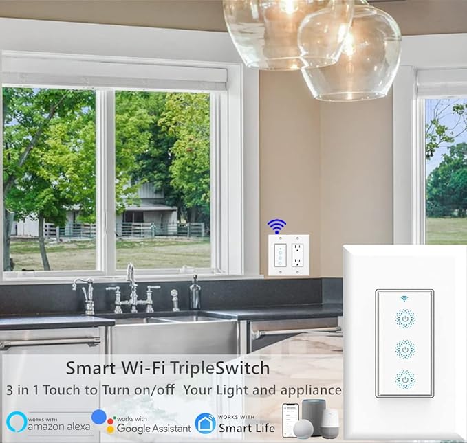 Nexete Smart Triple Light Switch, Remote Voice Control, Compatible with Alexa & Google Assistant, Neutral Wire Required (1-Pack)