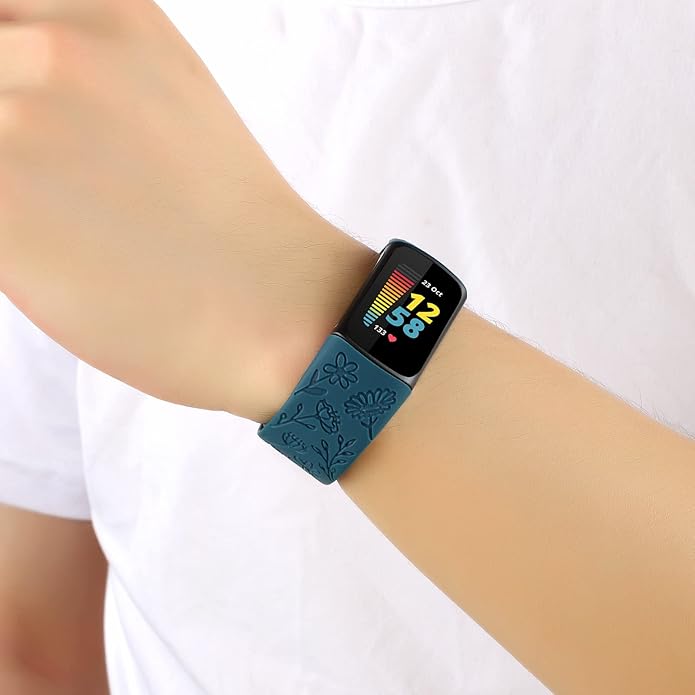 Flower Engraved Bands Compatible with Fitbit Charge 5 Band/Charge 6 Bands Women Cute Floral Engraving Soft Silicone Sport Strap Replacement Wristband for Fitbit Charge 5/6 Tracker Accessories