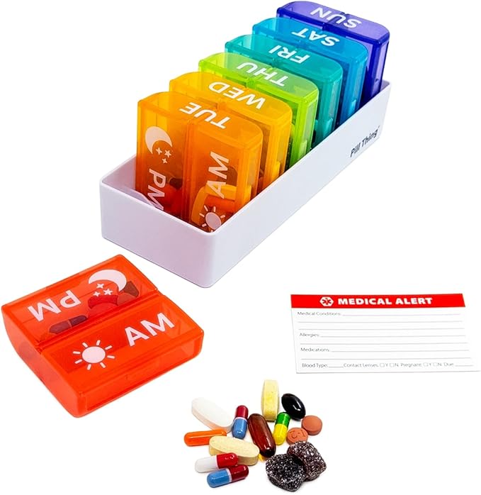 6 Times a Day, 7 Day Large Weekly Pill Organizer with Holder Tray, Vitamin, Medicine Box, Multicolor with Medical Alert Card (2X a Day - 2 Pack)