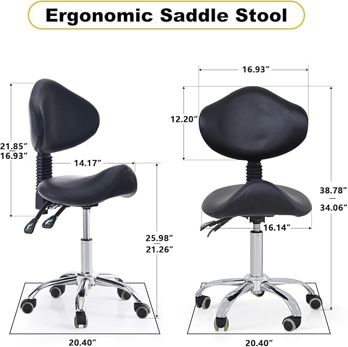 Saddle Stool with Wheels Ergonomic Rolling Chair for Nail Tattoo Artist Barber Dentist Clinic Shop Home Massage Facial Office,Adjustable Hydraulic Stool (Black)