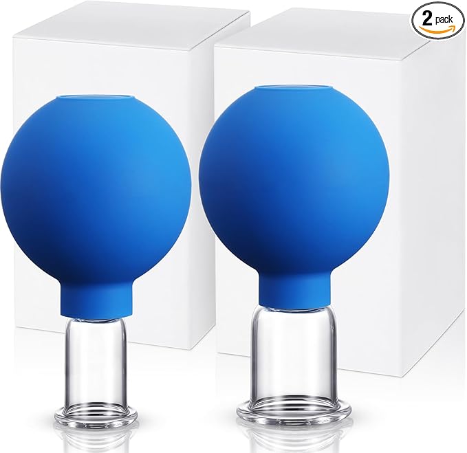 Nuanchu 2 Pieces Glass Cupping Set, Facial Cupping Cups Glass Silicone Cups Vacuum Suction for Face Skin Back Shoulder Muscle (1 Inch and 1.4 Inch Diameter,Blue)