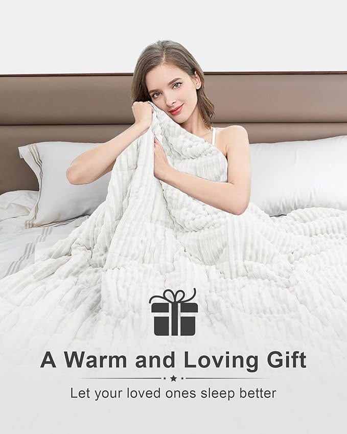 Sherpa Fleece Adult Weighted Blanket with Ribbed Stripes, 15 Pounds Dual Sided Soft Plush Blanket for Couch Bed Sofa, Heavy Thick Blankets with Ceramic Beads Great for Sleep, White, 48" x 72"