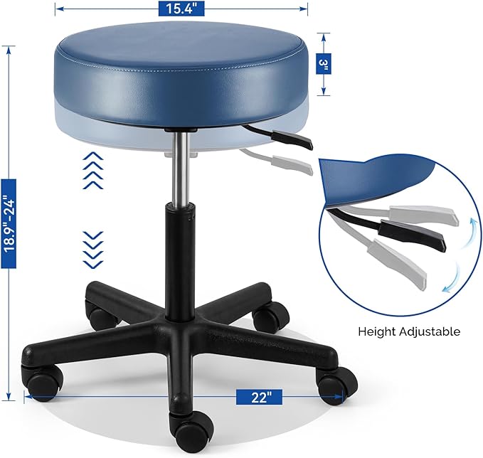 JMU Rolling Stool with Wheels, PVC Leather Large Seat, 400lbs Heavy Duty Adjustable Height for Dentists Healthcare (Seamist)