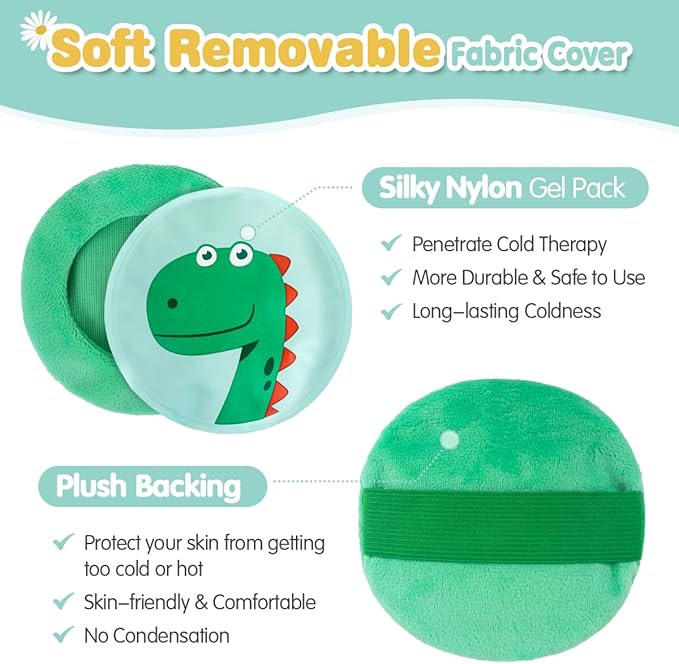 Hilph Kids Ice Packs for Boo Boos, Reusable Toddler Cold Packs with Soft Sleeves for Kids Injuries, Baby Ice Packs Hot Cold Therapy for Child Pain Relief, Bump, Bruise, First Aid (4 Pack, Dinosaur)