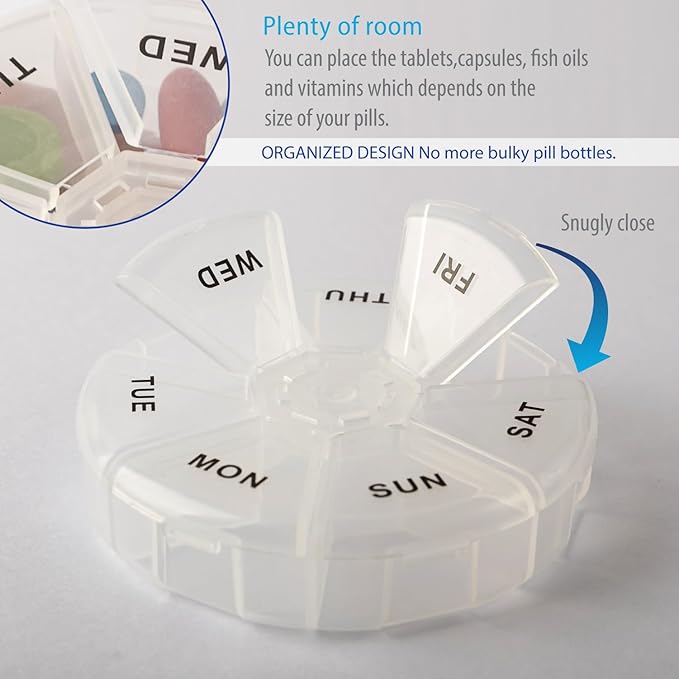 Deke Home - Round Portable Pill Box (2 Pack), Medicine Planner, Small 7 Day Weekly Travel Container, Medication, Vitamin Holder, Pillbox Organizer, Pill Dispenser, Daily Sorter & Reminder, BPA Free