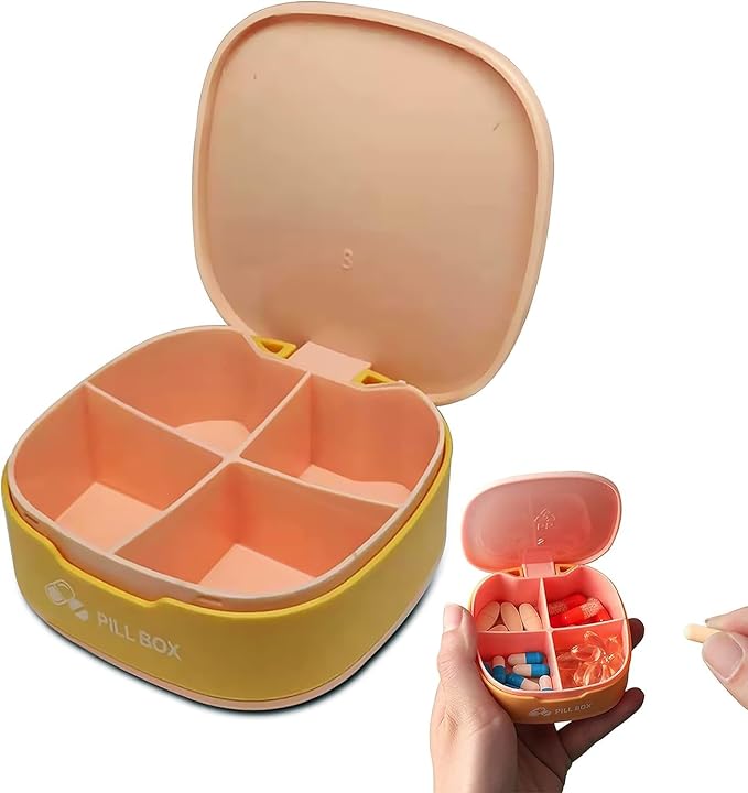 Pill Box 4 Times a Day Daily Pill Container Portable Pill Holder for Purse Compact Medicine Pill Organizer Vitamin Case Ideal for Travel (Pink)