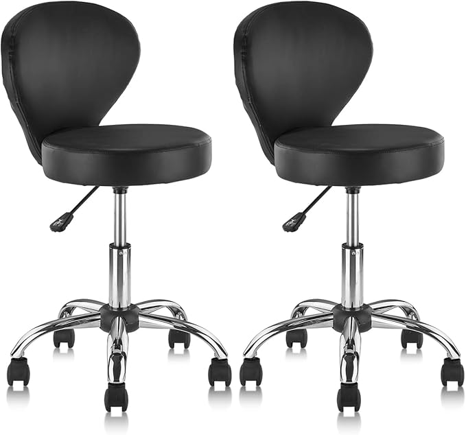 Adjustable Swivel Rolling Stool Chair with Backrest and Wheels, Multi-Purpose Office Desk Chair, Thick Seat Cushion for Home Bar Kitchen Shop, Black