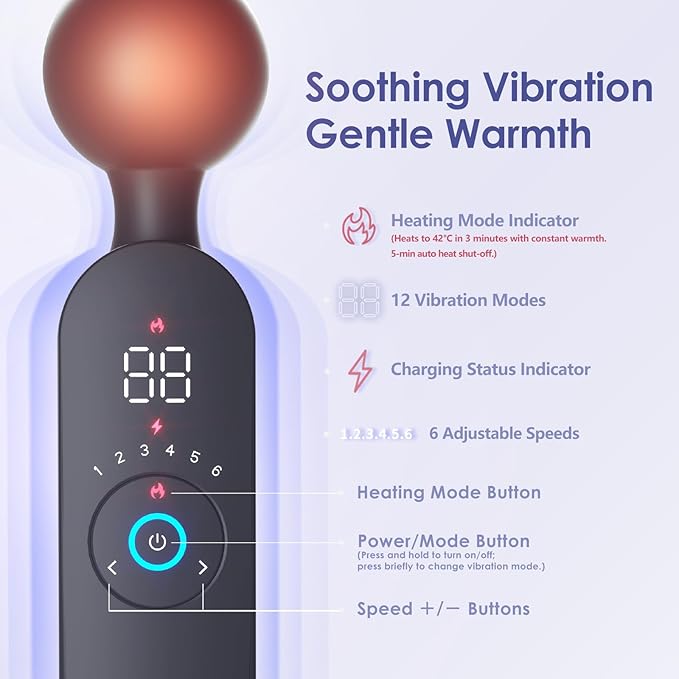 Portable Cordless Handheld Massager – Water-Resistant, Smart Heating, USB Rechargeable, Whisper Quiet,6 Speed Levels,12 Vibration Modes for Full-Body Relaxation & Fatigue Relief