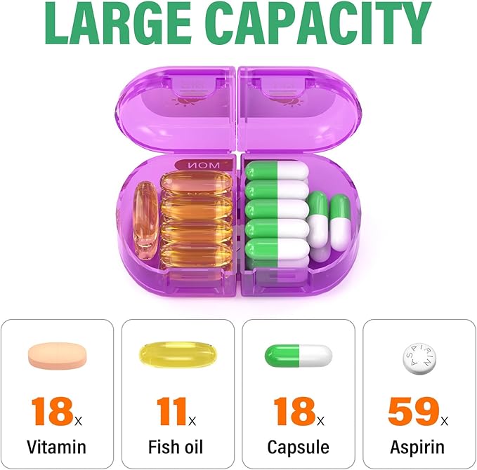 Weekly Pill Organizer 2 Times a Day, Moisture-Proof, Detachable Compartments, AM PM Pill Box 2X 7 Day, Travel Pill Organizer for Pills/Fish Oil/Medication/Vitamin/Supplements (Blue + Colorful)