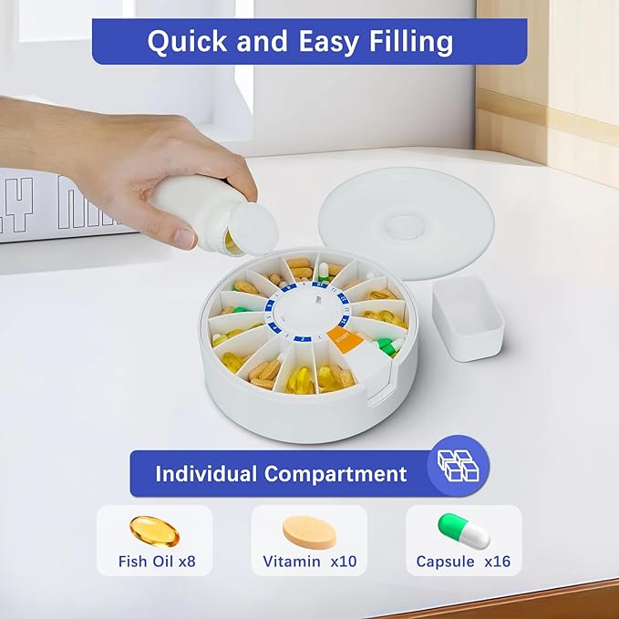 Cruxer Large Pill Organizer 7 Day 2 Times a Day & 14 Day Pill Dispenser, Arthritis Friendly Push-Button Design with Labels, Wall-Mounted & Standing Use, Weekly Pill Box for Vitamins & Medications
