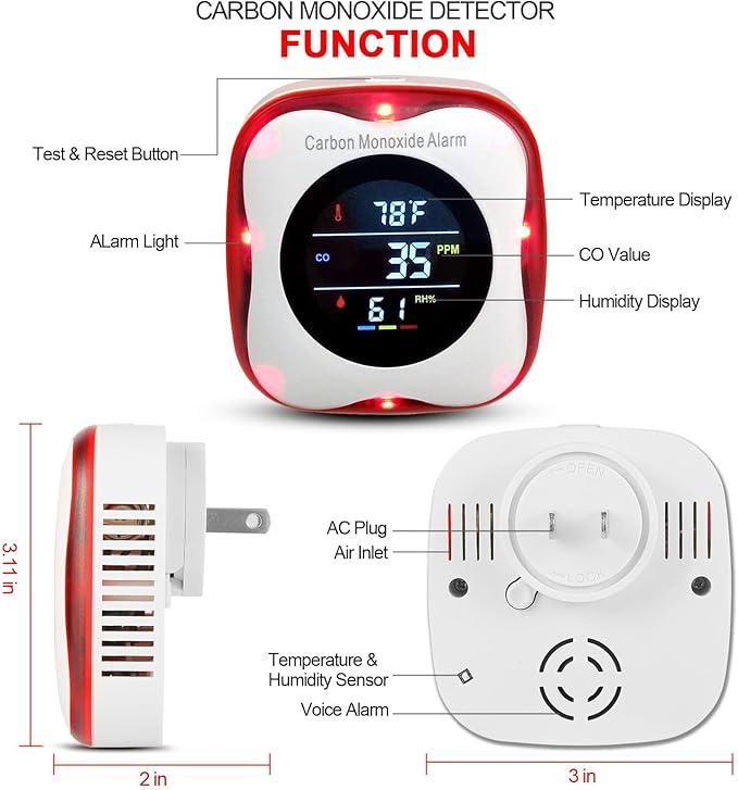 Plug-in Carbon Monoxide Detector with Real-time CO Display and Temperature and Humidity Monitor, Suitable for Home, RV, Apartment, Indoor air Safety Plug-in CO Compact Alarm