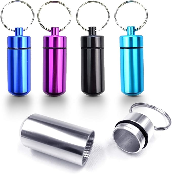 Deke Home - 5 Pack Keychain Pill Holder, Waterproof Mini Aluminum Pill Case, Portable Travel Medicine Container, Food-Grade & Pocket-Sized Pill Organizer for Emergency, Nitro Glycerin, Vitamins