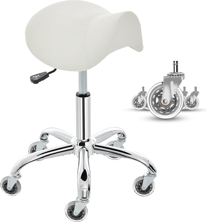 Saddle Stool, Ergonomic Saddle Chair with Wheels 450 LBS, Adjustable Height Swivel Salon Stool, Rolling Stool for Home Office Tattoo Massage Clinic Lab Beauty (White)