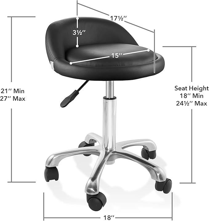 Saloniture Rolling Hydraulic Salon Stool with Low Backrest - Adjustable Swivel Chair for Spa, Shop, Salon, Massage, or Medical Office, Black