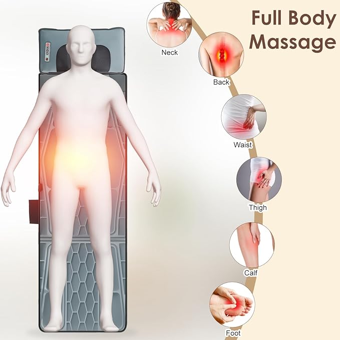 Full Body Massage Mat with Heating, Detachable Shiatsu Neck Massager, Vibration Massage Mats with Lumbar Pillow, 9 Vibration 3 Timer Settings, Gift for Men Women Parents Christmas