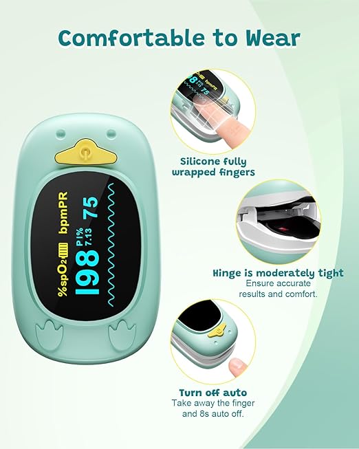 Children Pulse Oximeter Fingertip Pulse Oximeter for Kids Child Blood Oxygen Monitor Portable Blood Oxygen Saturation Monitor SpO2 Finger Pulse Oximeter Included With AAA Battery