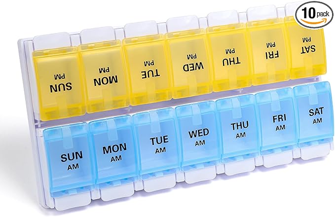 Sukuos AM PM Weekly Pill Organizer 7 Day, 2 Times A Day Medicine Pill Box with Easy Push Button, BPA Free Vitamin Cases for Fish Oil/Supplements, Easy to Clean (Yellow&Blue)