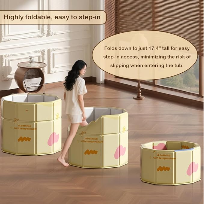 Portable Step-In Round Bathtub for Adults No Installation 31.5"L x 27.1"H Foldable Soaking Bath Tub for Shower Stall, Cold Plunge Collapsible Hot Ice Home SPA Tub (Yellow, 31.5"L x 27.1"H)